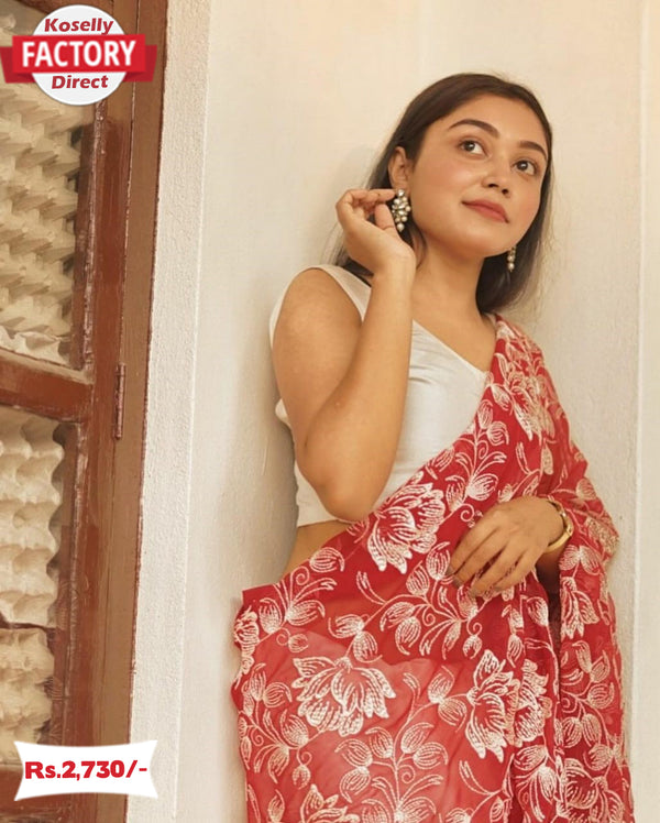 Red and White Aari Work Designer Saree