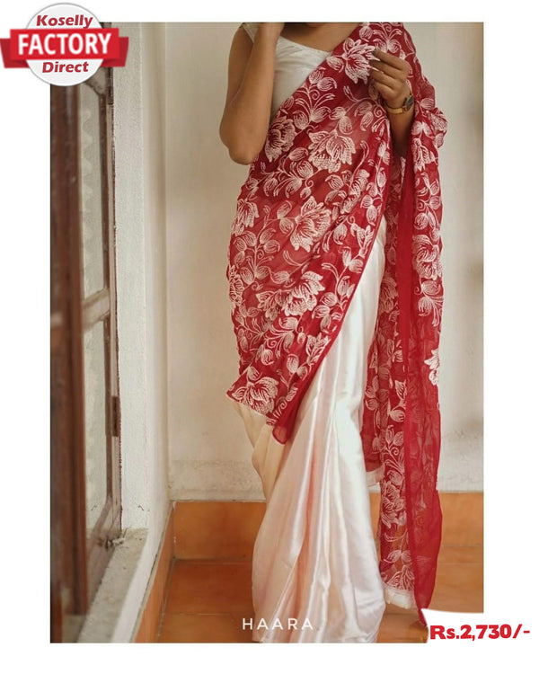 Red and White Aari Work Designer Saree