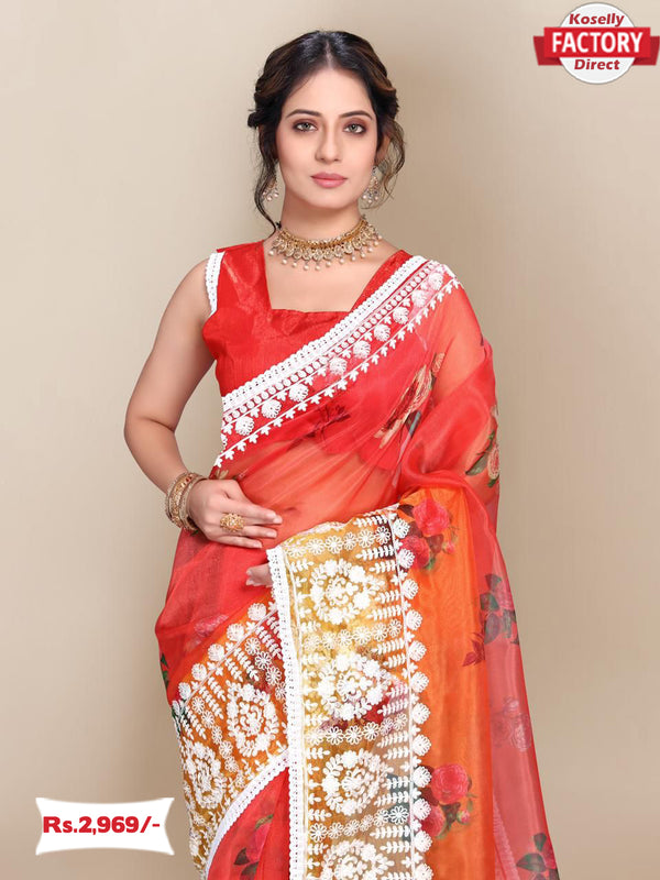 Organza Designer Embroidered Saree