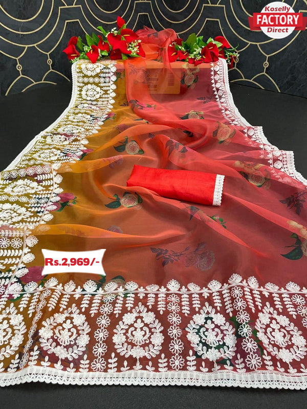 Organza Designer Embroidered Saree