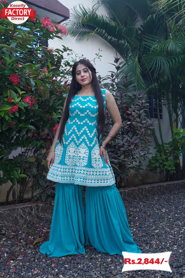 Sky Blue Kurtha Sharara Dupatta Set