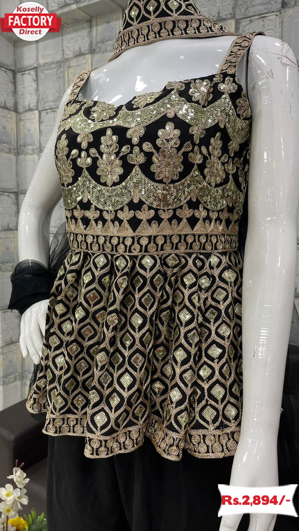 Black Designer Kurtha Sharara Dupatta Set