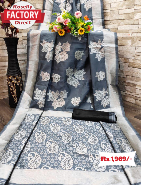 Rose Floral Silver Zari Silk Saree