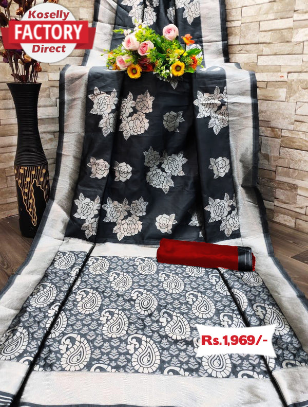 Rose Floral Black Saree with Silver Zari Jacquard Work