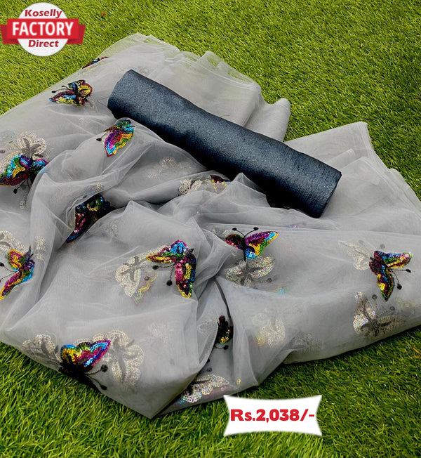 Butterfly Rainbow Sequins Work Ash Saree