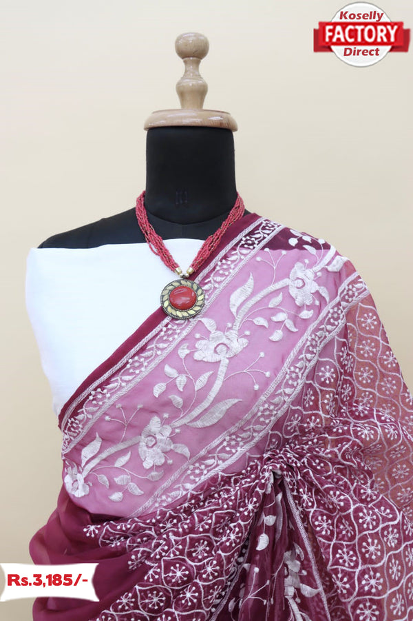 Wine Pure Organza Thread Work Saree