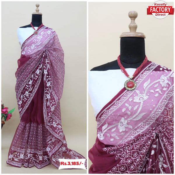 Wine Pure Organza Thread Work Saree