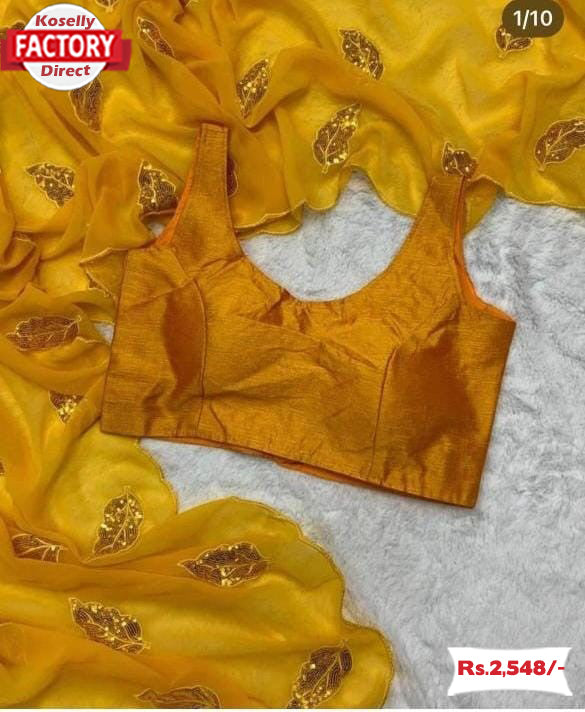 Yellow Georgette Saree With Leaf Sequins Work