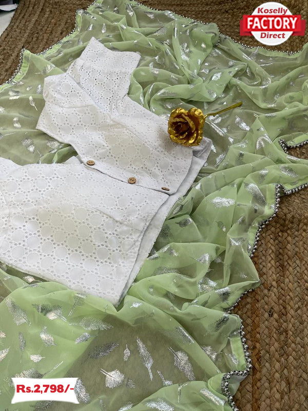 Lime Green Pure Georgette Silk Foil Work Saree With Stitched Blouse