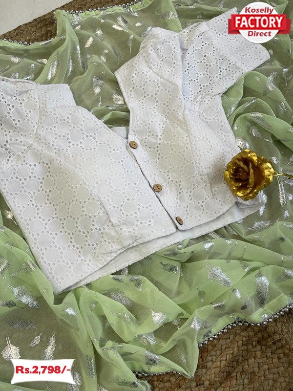 Lime Green Pure Georgette Silk Foil Work Saree With Stitched Blouse