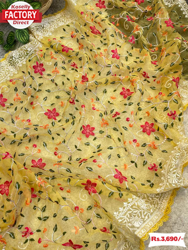 Yellow Pure Organza Kashmiri Embroidery Saree
