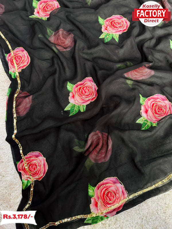 Black Georgette Floral Handworked Saree