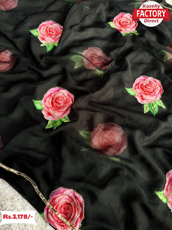 Black Georgette Floral Handworked Saree