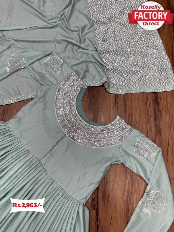 Steel Blue Embroidered Gown with Pant and Dupatta