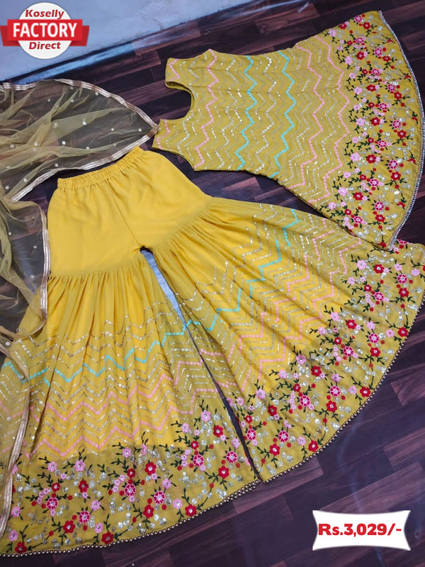 Yellow Designer Kurtha Sharara Dupatta Set