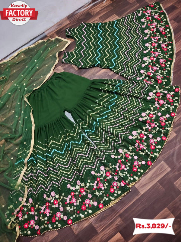 Green Designer Kurtha Sharara Dupatta Set