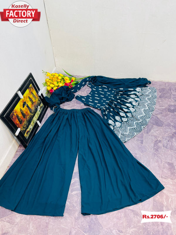 Teal Designer Kurtha Sharara Dupatta Set