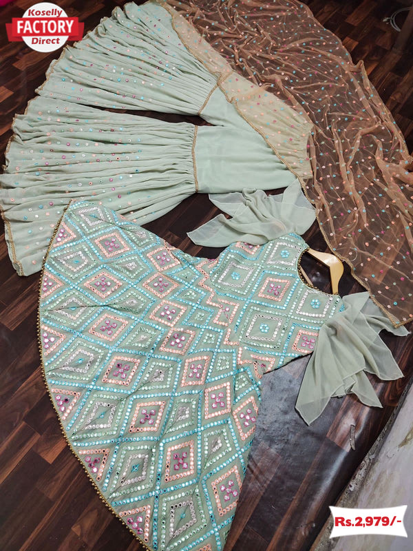 Faded Green Embroidered Kurtha Sharara Dupatta Set