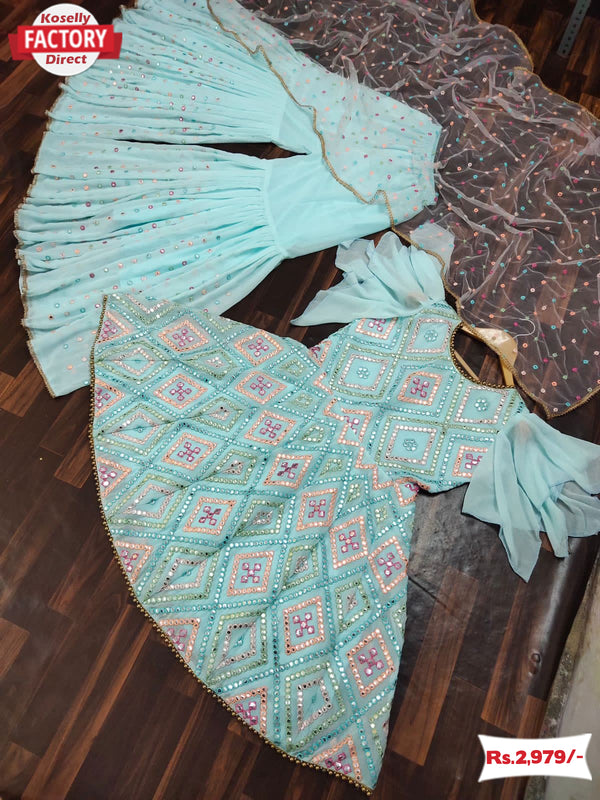 Sky Blue Embroidered Kurtha Sharara Dupatta Set