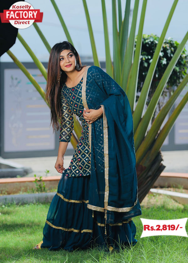 Navy Blue Multicolor Kurtha Sharara Dupatta Set