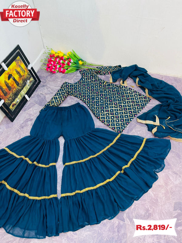 Navy Blue Multicolor Kurtha Sharara Dupatta Set