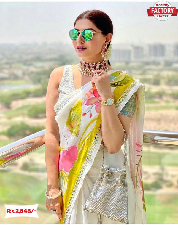 Beautiful White Designer Partywear Saree