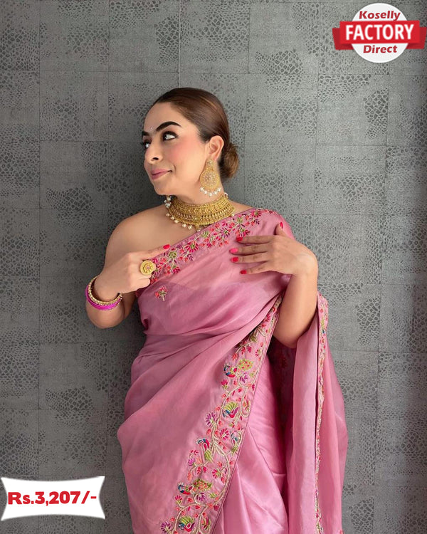 Pink Designer Pure Organza Saree with Embroidery