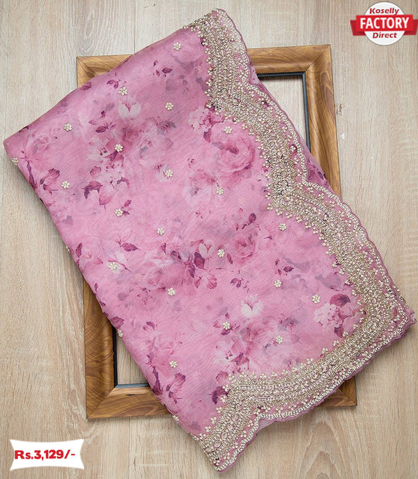 Pink Designer Organza Embroidered Saree