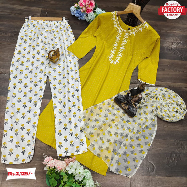 Yellow Kurtha Pant Dupatta Set