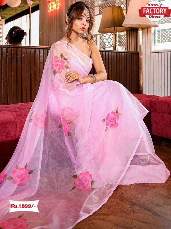 Pink Organza Floral Saree
