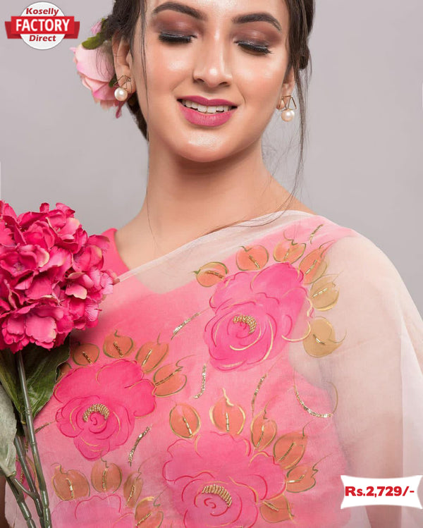 Designer Pink Organza Floral Saree
