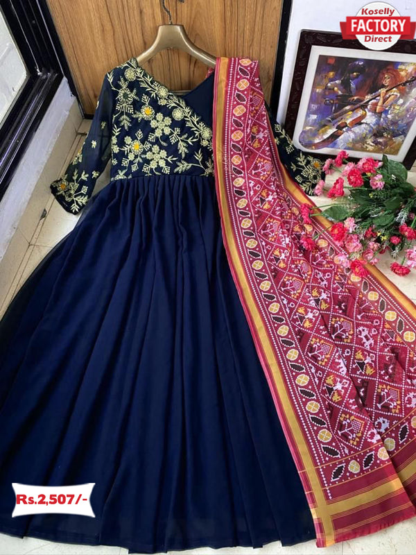 Navy Blue Embroidered Gown with Dupatta