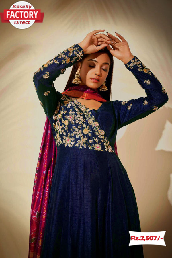 Navy Blue Embroidered Gown with Dupatta