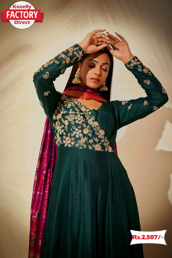 Green Blue Embroidered Gown with Dupatta