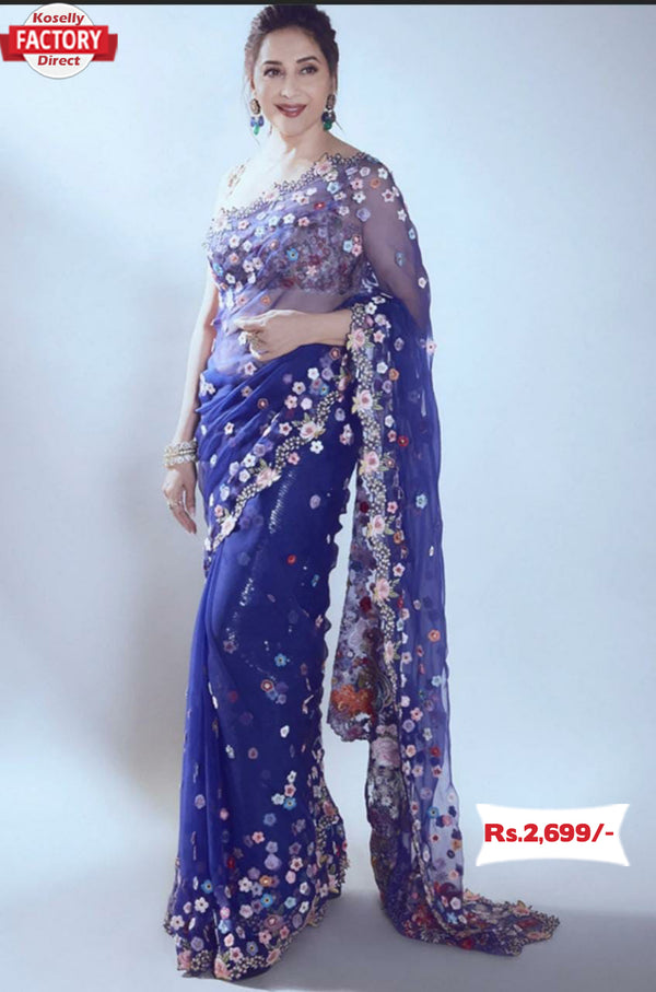 Deep Blue Desginer Partywear Saree