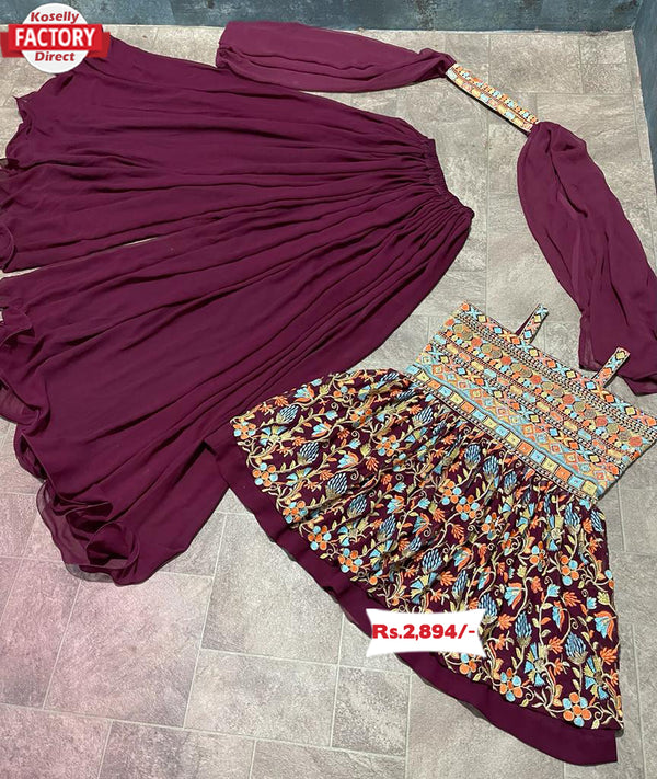 Wine Peplum Kurtha Sharara Set