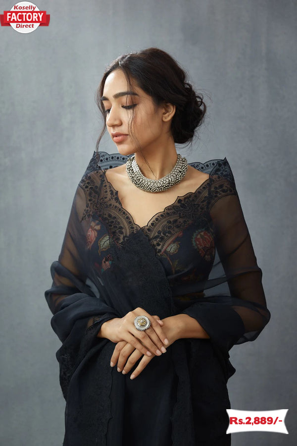 Black Organza Embroidered Saree