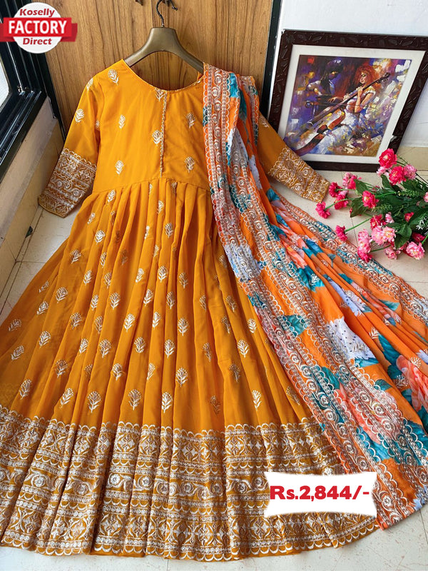 Orange Embroidered Gown with Dupatta