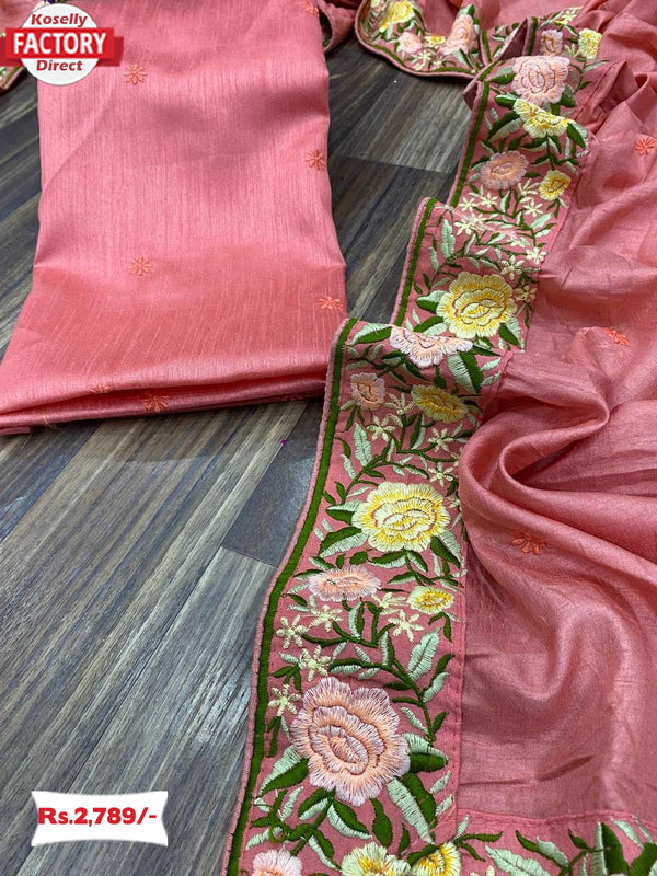 Blush Pink Soft Silk Fabric With Embroidered Lace