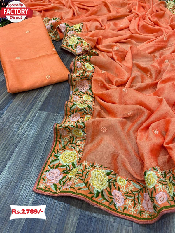 Mild Orange Soft Silk Fabric With Embroidered Lace