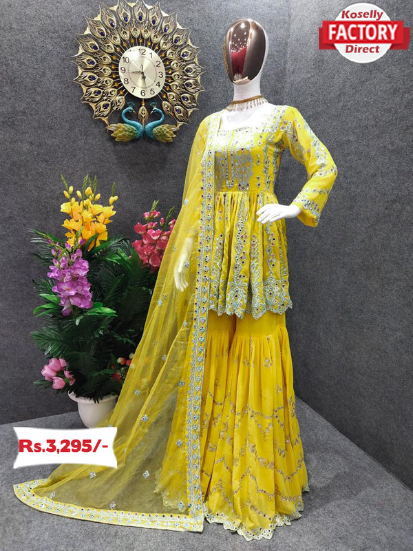 Yellow Designer Kurtha Sharara Dupatta Set