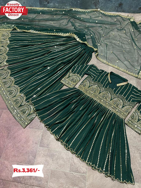 Green Heavy Embroidery Peplum Kurtha Palazzo Set