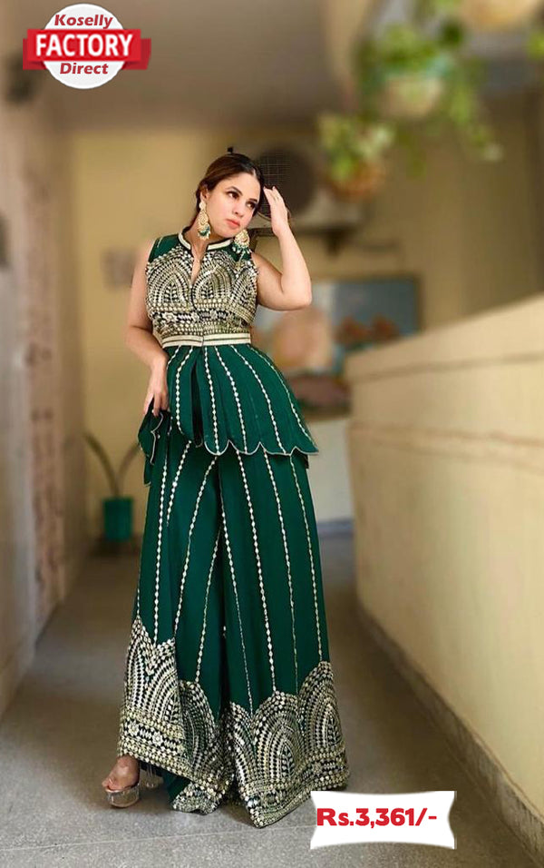 Green Heavy Embroidery Peplum Kurtha Palazzo Set