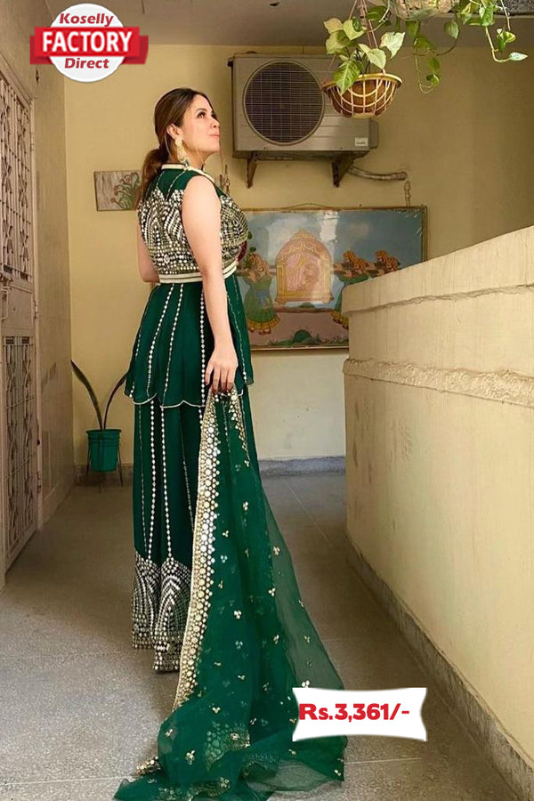 Green Heavy Embroidery Peplum Kurtha Palazzo Set