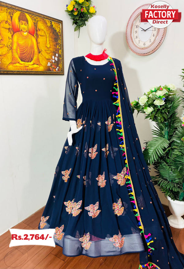 Navy Blue Embroidered Gown with Dupatta