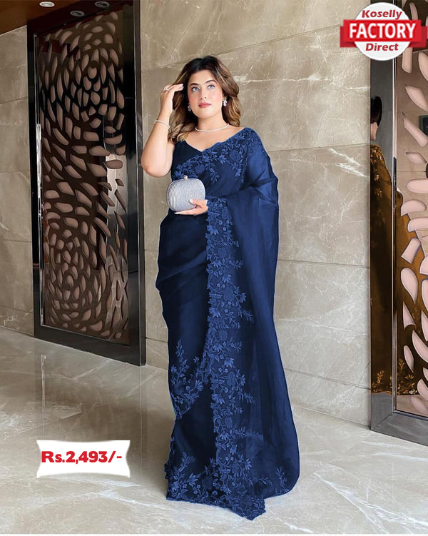 Deep Blue Pure Organza Embroidered Saree