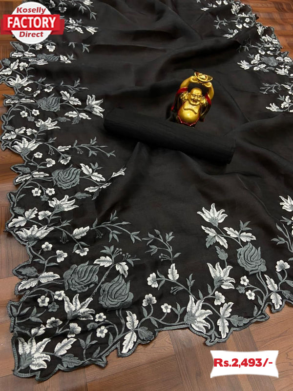 Black Pure Organza Embroidered Saree