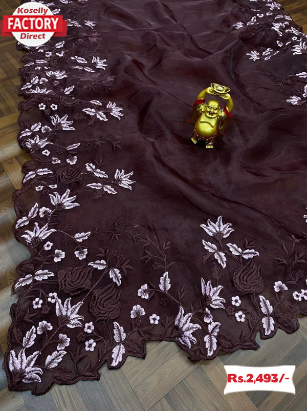 Dark Maroon Pure Organza Embroidered Saree