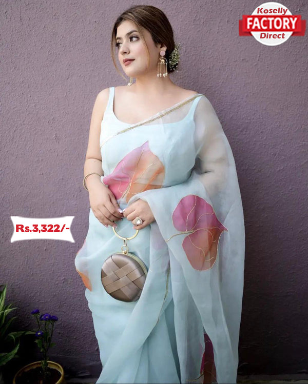Handpainted And Handworked Organza Partywear Saree