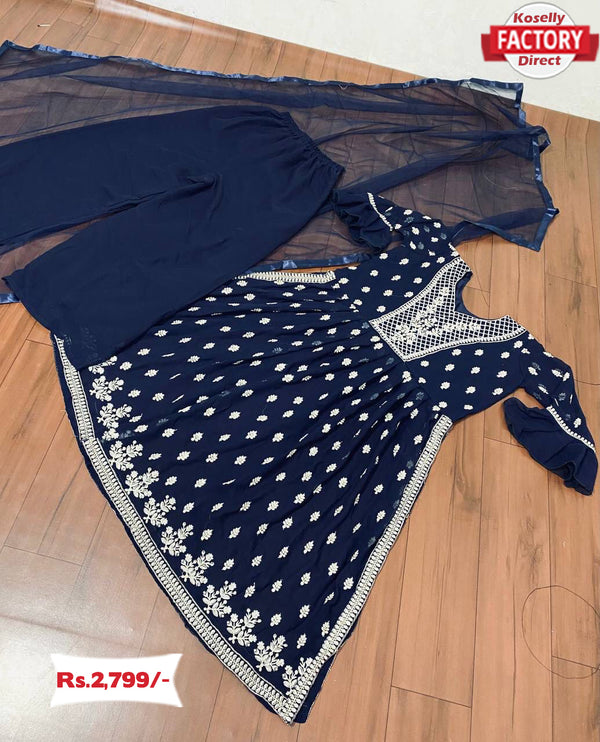 Navy Blue Designer Kurtha Palazzo Dupatta Set